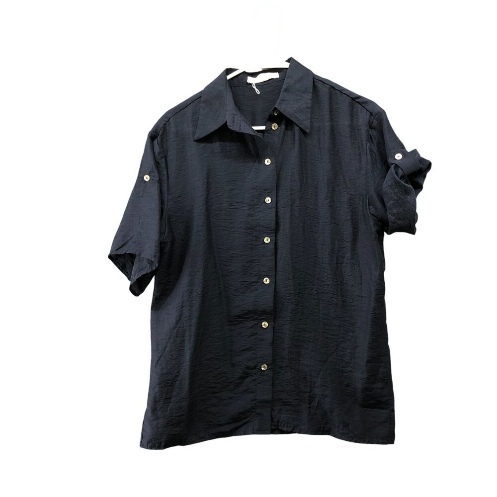 MNG Mango Crinkle Shirt Womens XS (2) Navy Blue Short Sleeve Relaxed Button Up